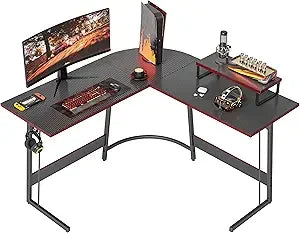 Large L-Shaped Gaming Desk with Monitor Stand & Carbon Fiber Surface