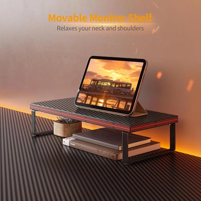 Large L-Shaped Gaming Desk with Monitor Stand & Carbon Fiber Surface