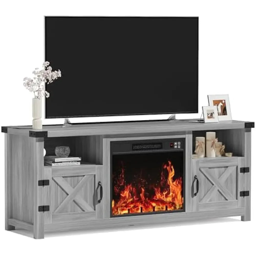 65 Inch Fireplace TV Stand with Barn Doors and Open Display Shelf | Cozy Complete Homes