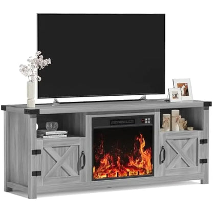 65 Inch Fireplace TV Stand with Barn Doors and Open Display Shelf | Cozy Complete Homes