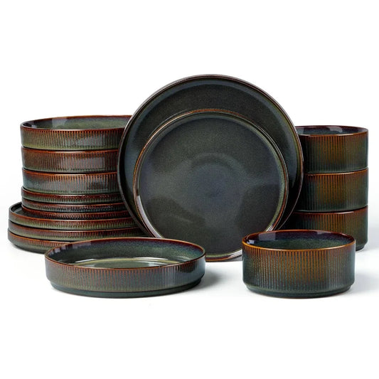 16 Piece Plates and Bowls Set for 4 Ribbed Stoneware Dishes | Cozy Complete Homes