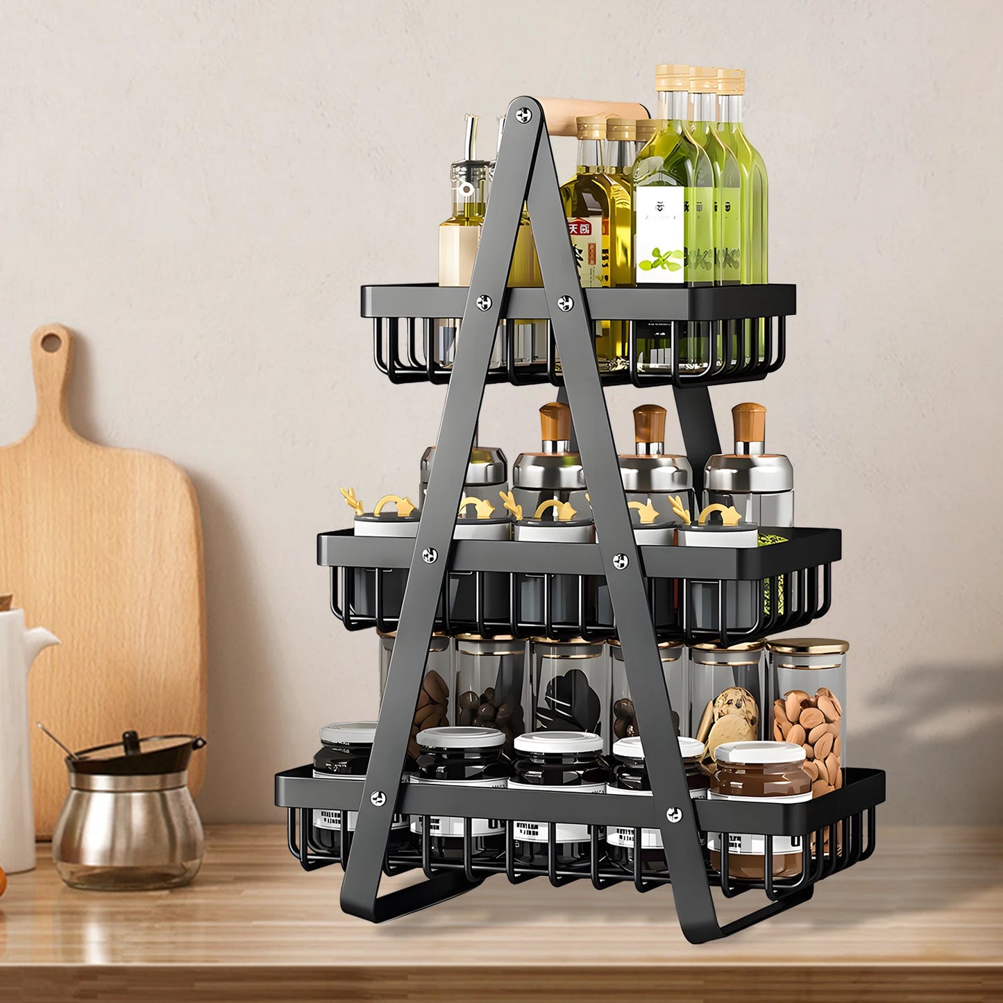 Three-Tier Fruit Basket with Removable Wooden Handle | Cozy Complete Homes