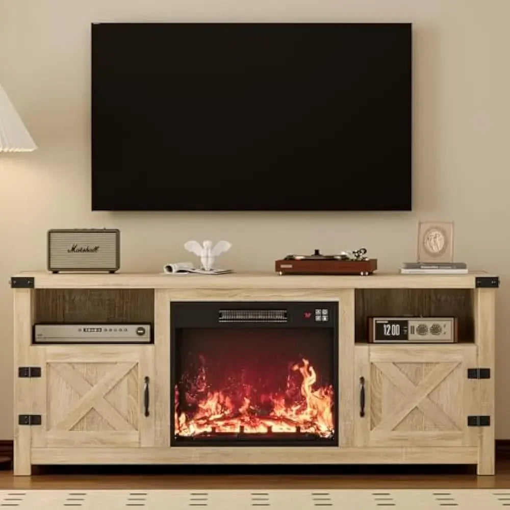 65 Inch Fireplace TV Stand with Barn Doors and Open Display Shelf | Cozy Complete Homes