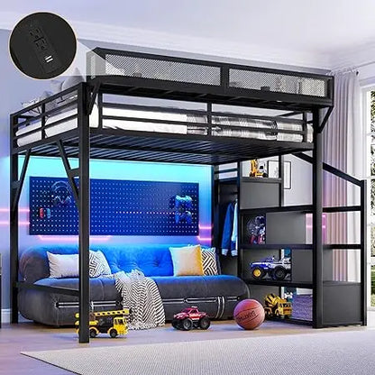Metal Queen Size Loft Bed Frame with Storage Stairs | Cozy Complete Homes