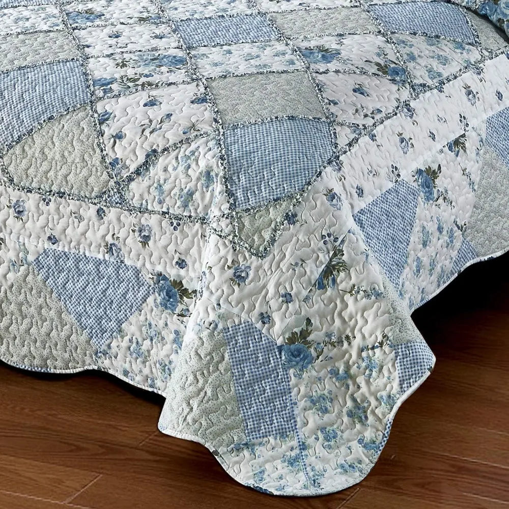 King Size Blue Floral Plaid Patchwork Quilt Set | Cozy Complete Homes