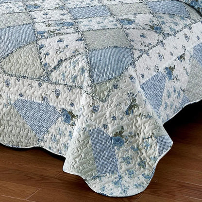 King Size Blue Floral Plaid Patchwork Quilt Set | Cozy Complete Homes