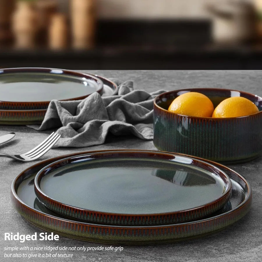 16 Piece Plates and Bowls Set for 4 Ribbed Stoneware Dishes | Cozy Complete Homes
