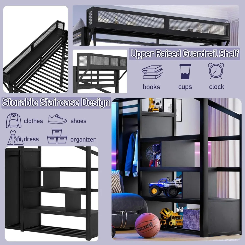 Metal Queen Size Loft Bed Frame with Storage Stairs | Cozy Complete Homes