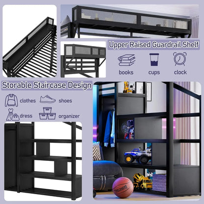 Metal Queen Size Loft Bed Frame with Storage Stairs | Cozy Complete Homes