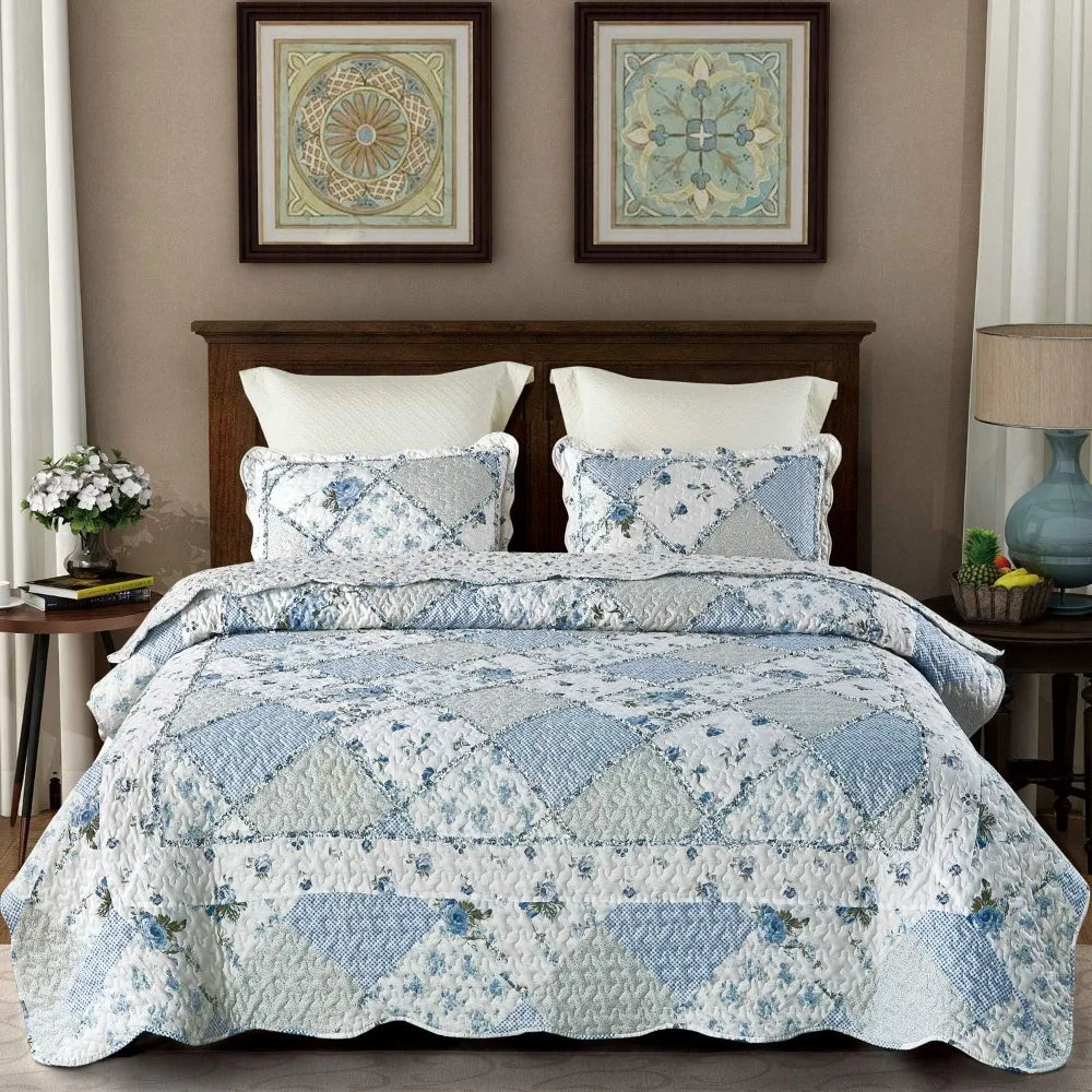 King Size Blue Floral Plaid Patchwork Quilt Set | Cozy Complete Homes