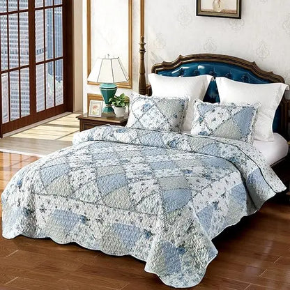 King Size Blue Floral Plaid Patchwork Quilt Set | Cozy Complete Homes