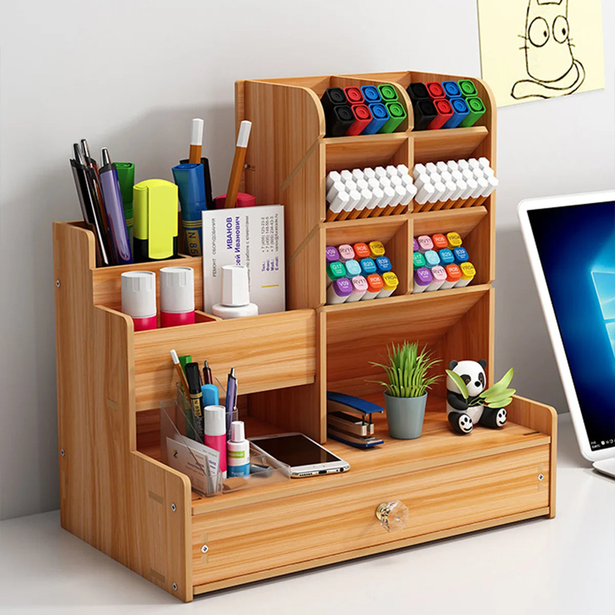 Wooden Pen Holder & Desk Organizer Box | Cozy Complete Homes