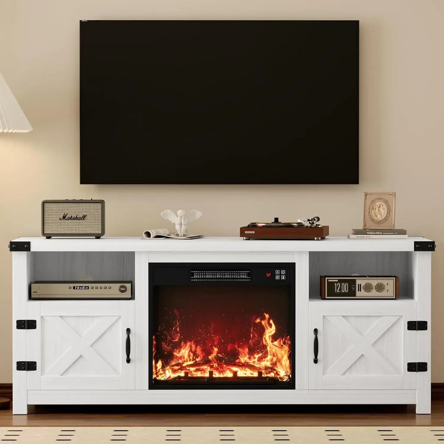 65 Inch Fireplace TV Stand with Barn Doors and Open Display Shelf | Cozy Complete Homes