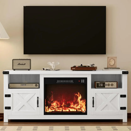 65 Inch Fireplace TV Stand with Barn Doors and Open Display Shelf | Cozy Complete Homes