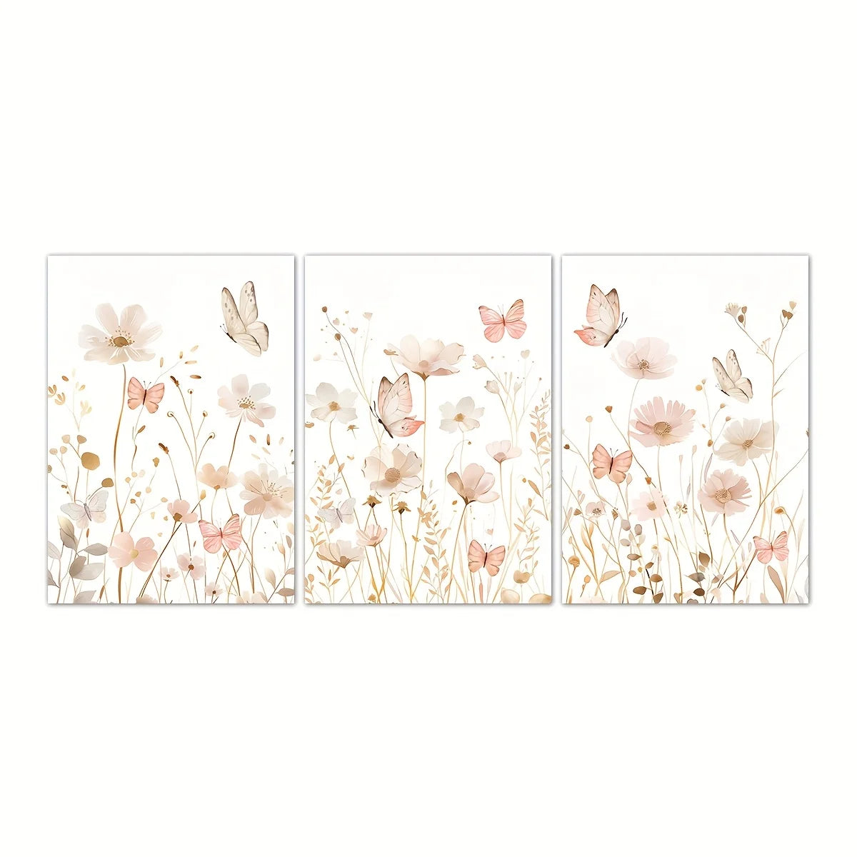 Set of 3 Wildflower Art Butterfly Pink Boho Wall Art | Cozy Complete Homes