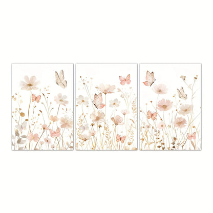 Set of 3 Wildflower Art Butterfly Pink Boho Wall Art | Cozy Complete Homes