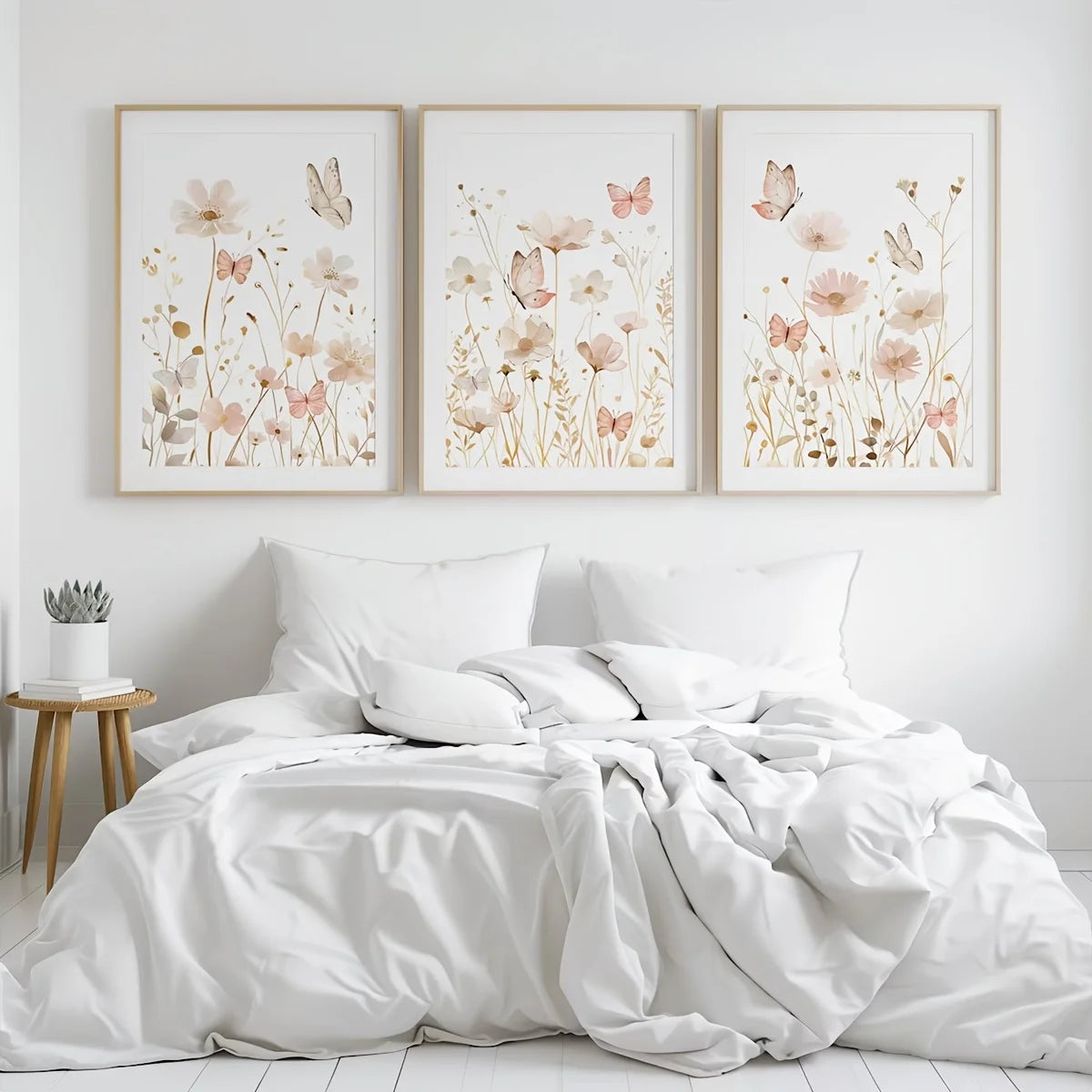Set of 3 Wildflower Art Butterfly Pink Boho Wall Art | Cozy Complete Homes
