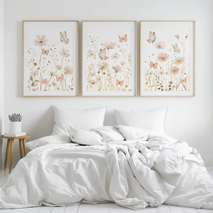 Set of 3 Wildflower Art Butterfly Pink Boho Wall Art | Cozy Complete Homes