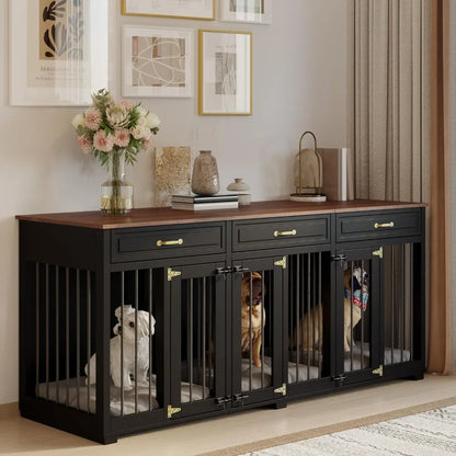 Lockable Indoor Wooden Dog Kennel with 2 Dividers, 3 Drawers | Cozy Complete Homes