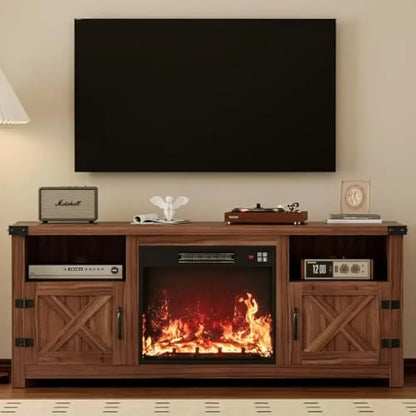 65 Inch Fireplace TV Stand with Barn Doors and Open Display Shelf | Cozy Complete Homes