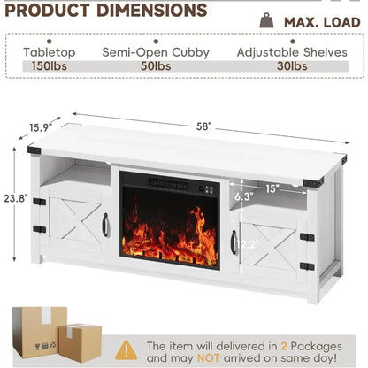 65 Inch Fireplace TV Stand with Barn Doors and Open Display Shelf | Cozy Complete Homes