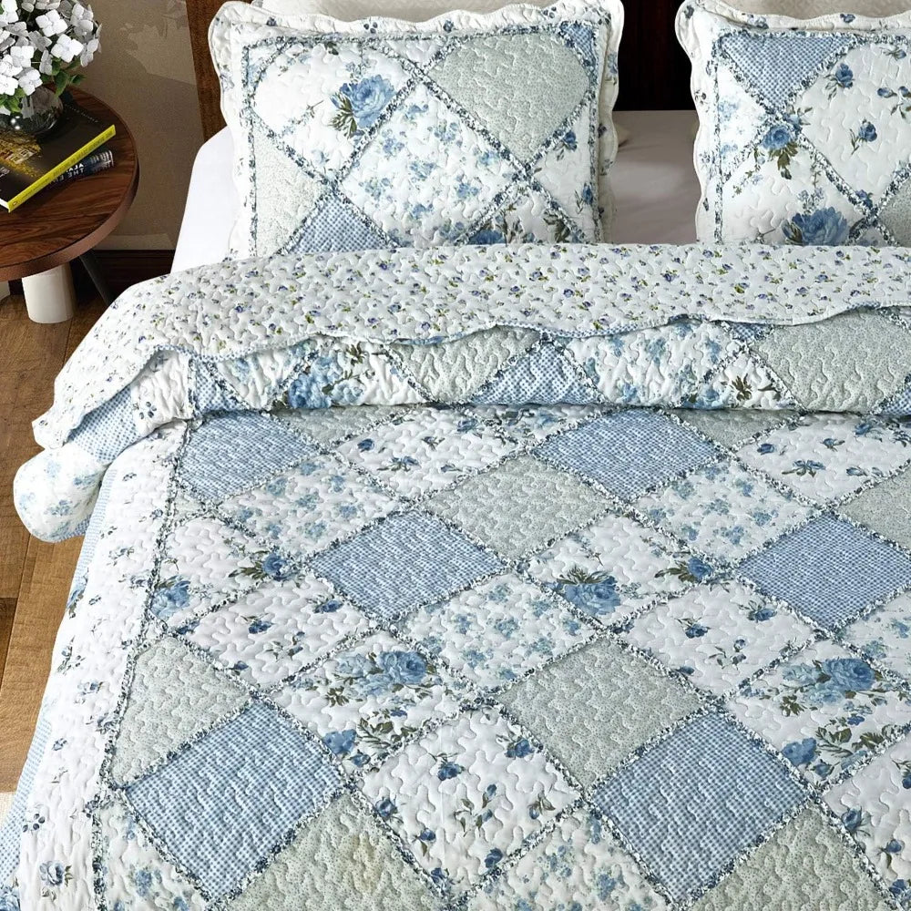 King Size Blue Floral Plaid Patchwork Quilt Set | Cozy Complete Homes