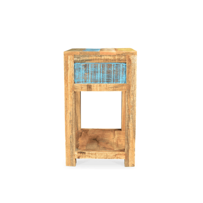 Wooden side table with a blue woven basket on a white background