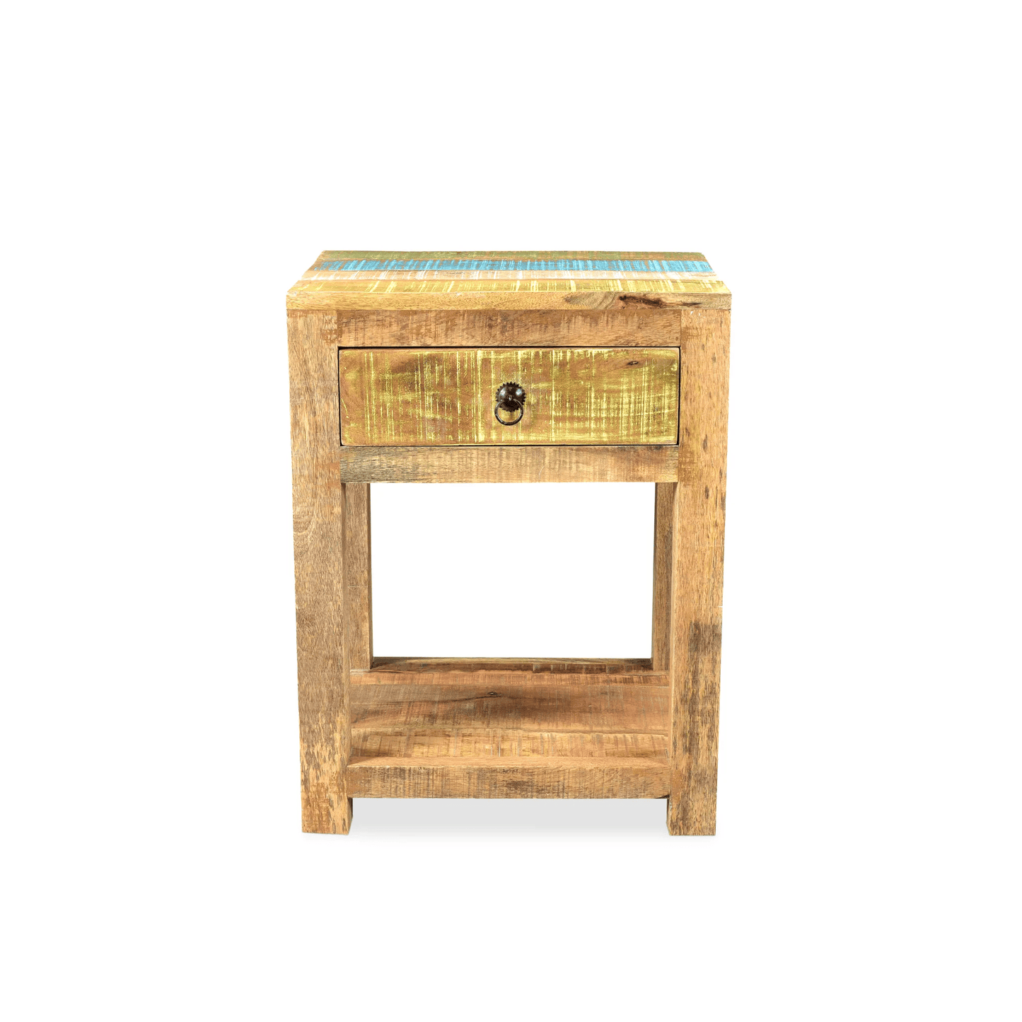 Wooden side table with a drawer on a white background