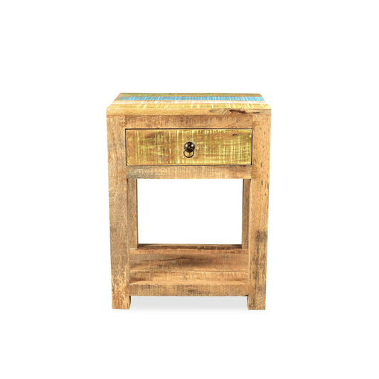 Wooden side table with a drawer on a white background