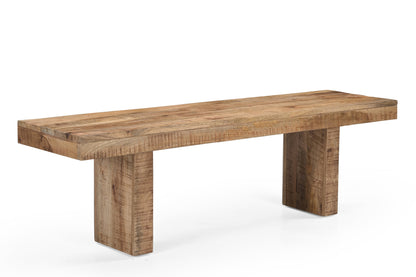 A rustic wooden bench with a thick rectangular seat and two blocky legs, shown on a clean white background.