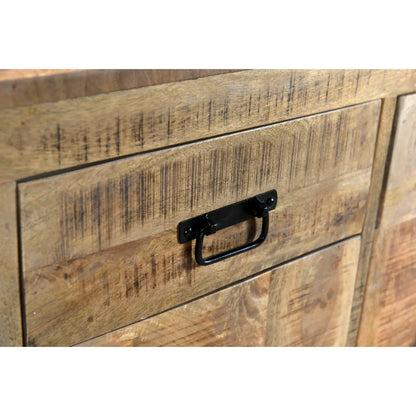 Industrial reclaimed wood sideboard showing authentic patina with nicks and exposed knots