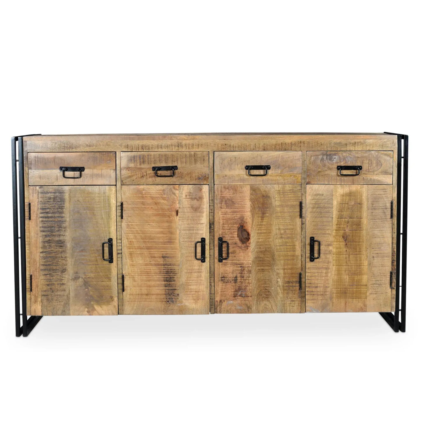  71 inch industrial reclaimed wood sideboard with 4 doors and 4 drawers in rustic dining room