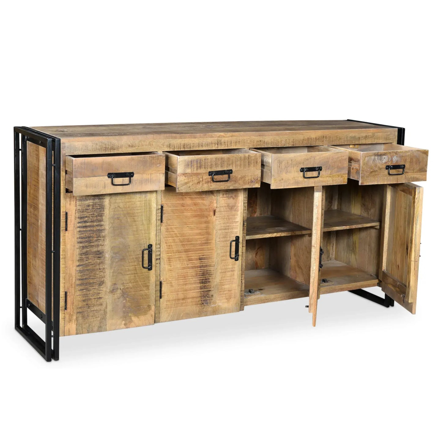 Rustic industrial reclaimed wood sideboard with 4 door and 4 drawer storage in mango wood