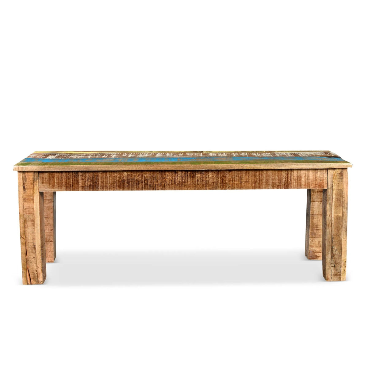 Wooden dining table with a mosaic top on a white background