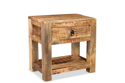 Wooden side table with a drawer on a white background