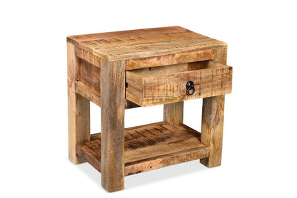 Wooden side table with a drawer on a white background
