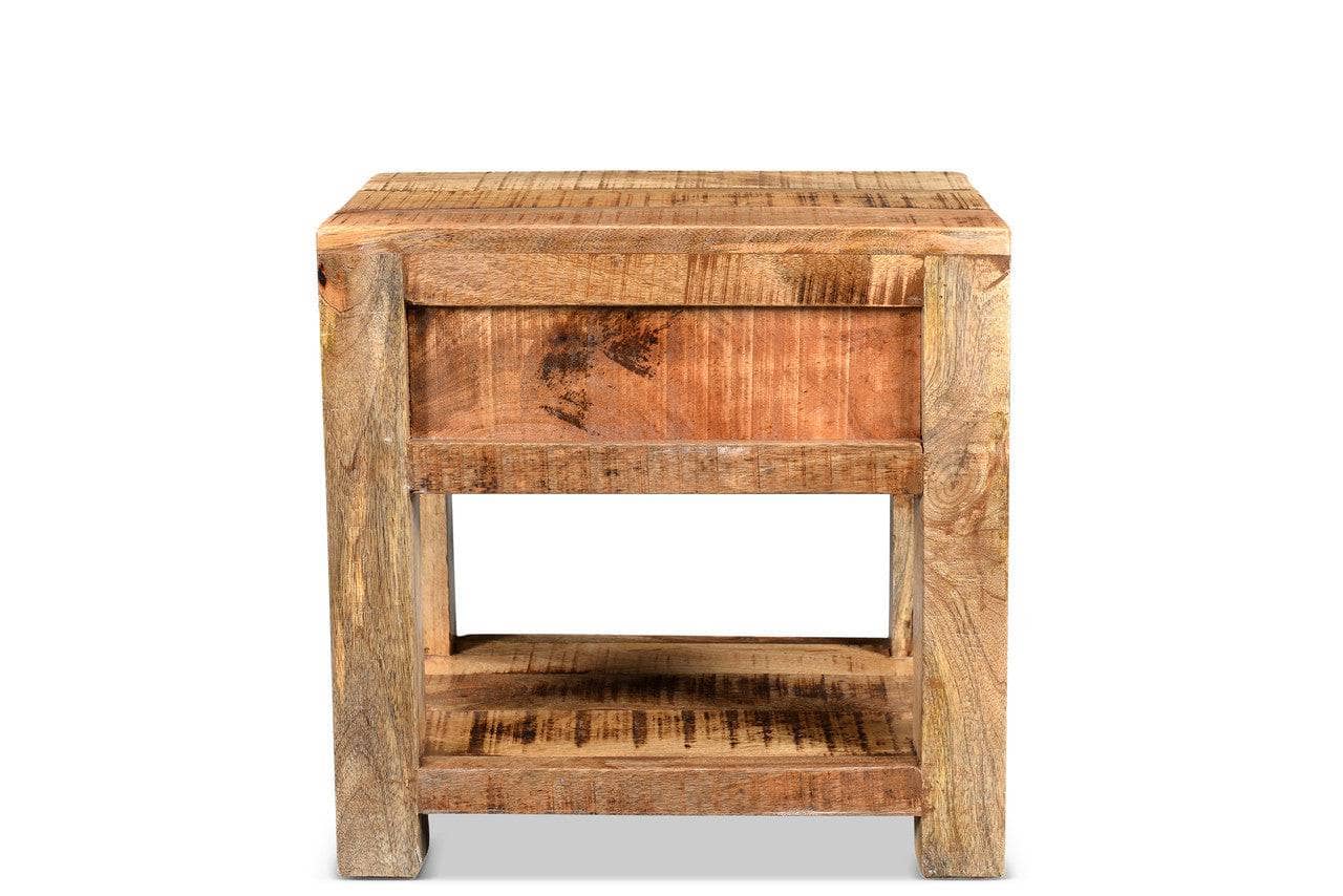 Wooden side table with a rustic finish on a white background