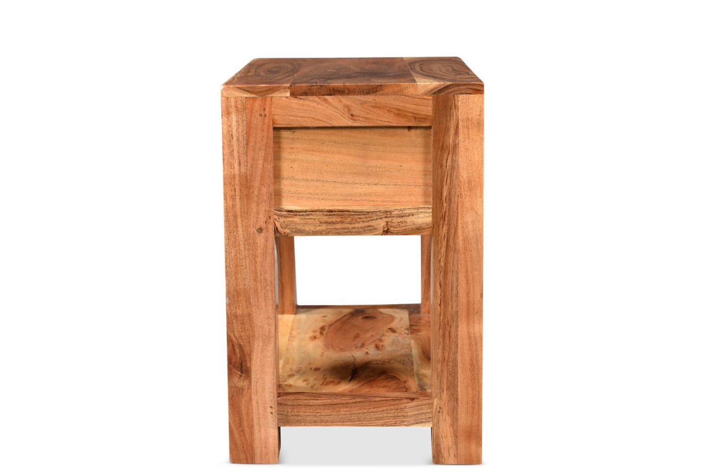Wooden side table with a drawer on a white background