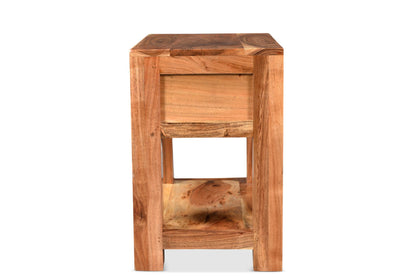 Wooden side table with a drawer on a white background