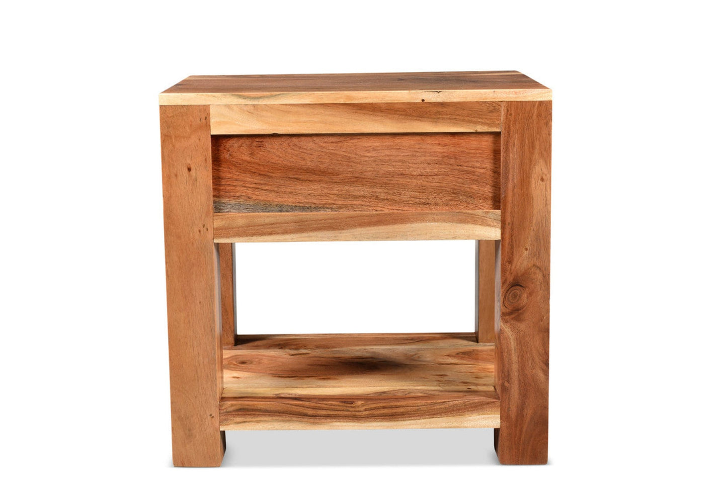 Wooden side table with a natural finish on a white background