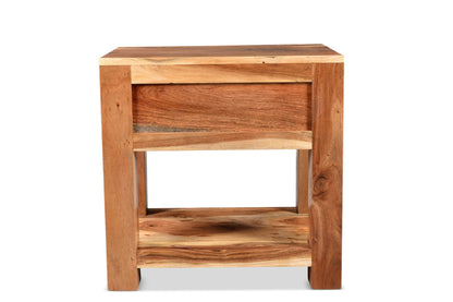 Wooden side table with a natural finish on a white background