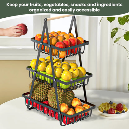 Three-Tier Fruit Basket with Removable Wooden Handle | Cozy Complete Homes