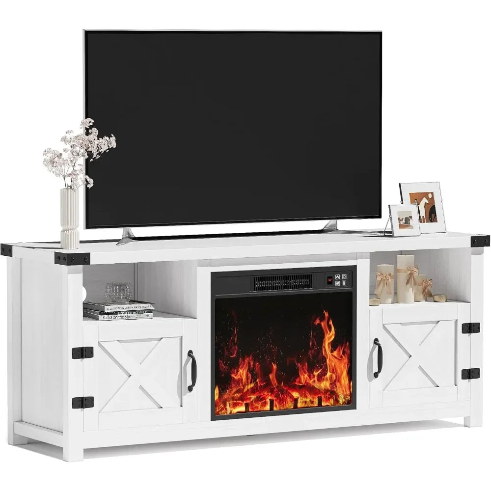 65 Inch Fireplace TV Stand with Barn Doors and Open Display Shelf | Cozy Complete Homes
