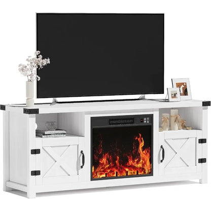 65 Inch Fireplace TV Stand with Barn Doors and Open Display Shelf | Cozy Complete Homes