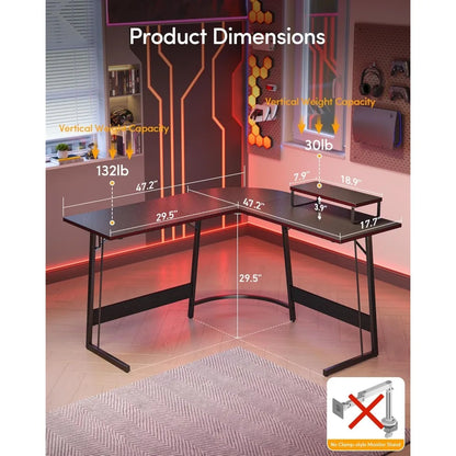 Large L-Shaped Gaming Desk with Monitor Stand & Carbon Fiber Surface