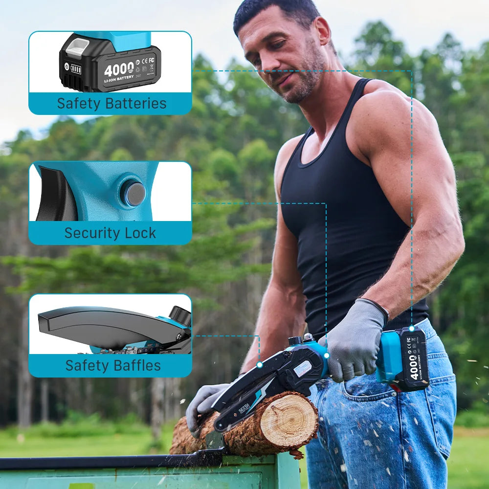 SEESII 6''Cordless Mini Chainsaw 15.2cm Electric Saw Rechargeable Woodworking Garden Pruning Saw for Makita 18V Battery pin