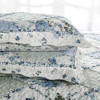 King Size Blue Floral Plaid Patchwork Quilt Set | Cozy Complete Homes