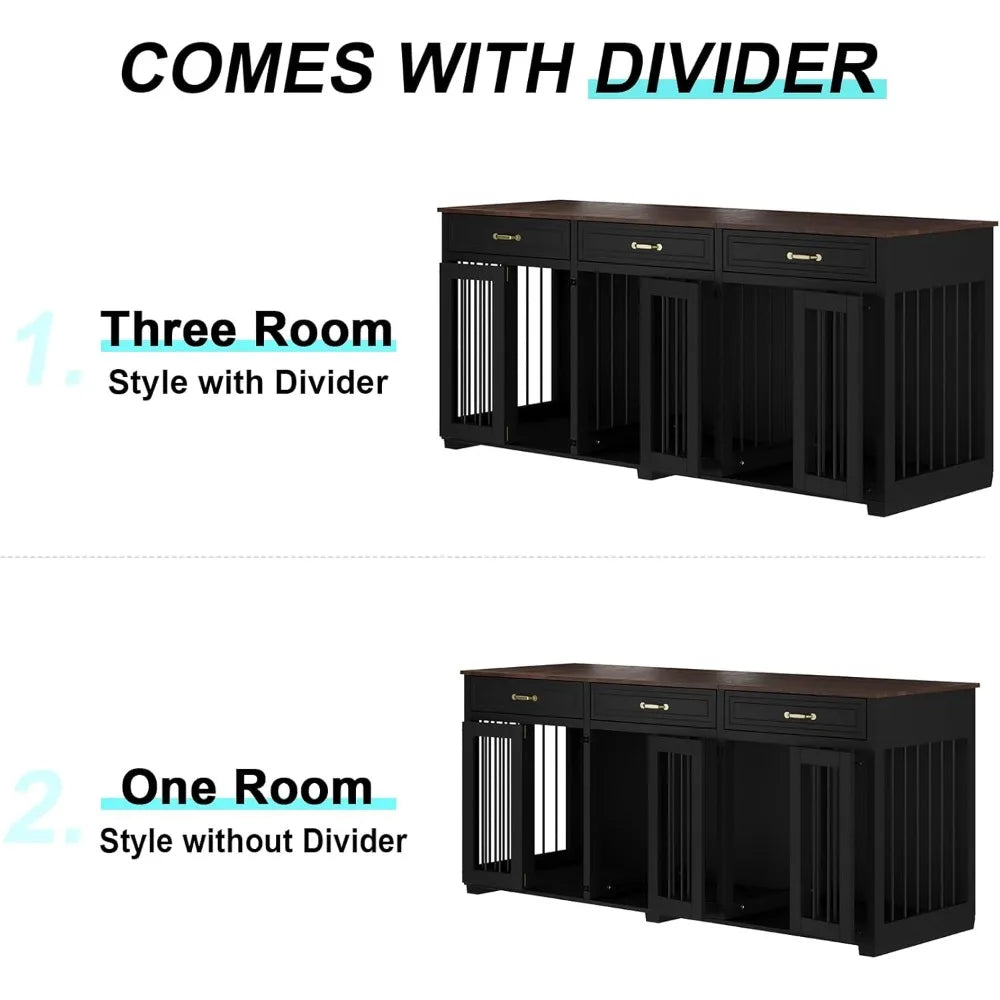 Lockable Indoor Wooden Dog Kennel with 2 Dividers, 3 Drawers | Cozy Complete Homes