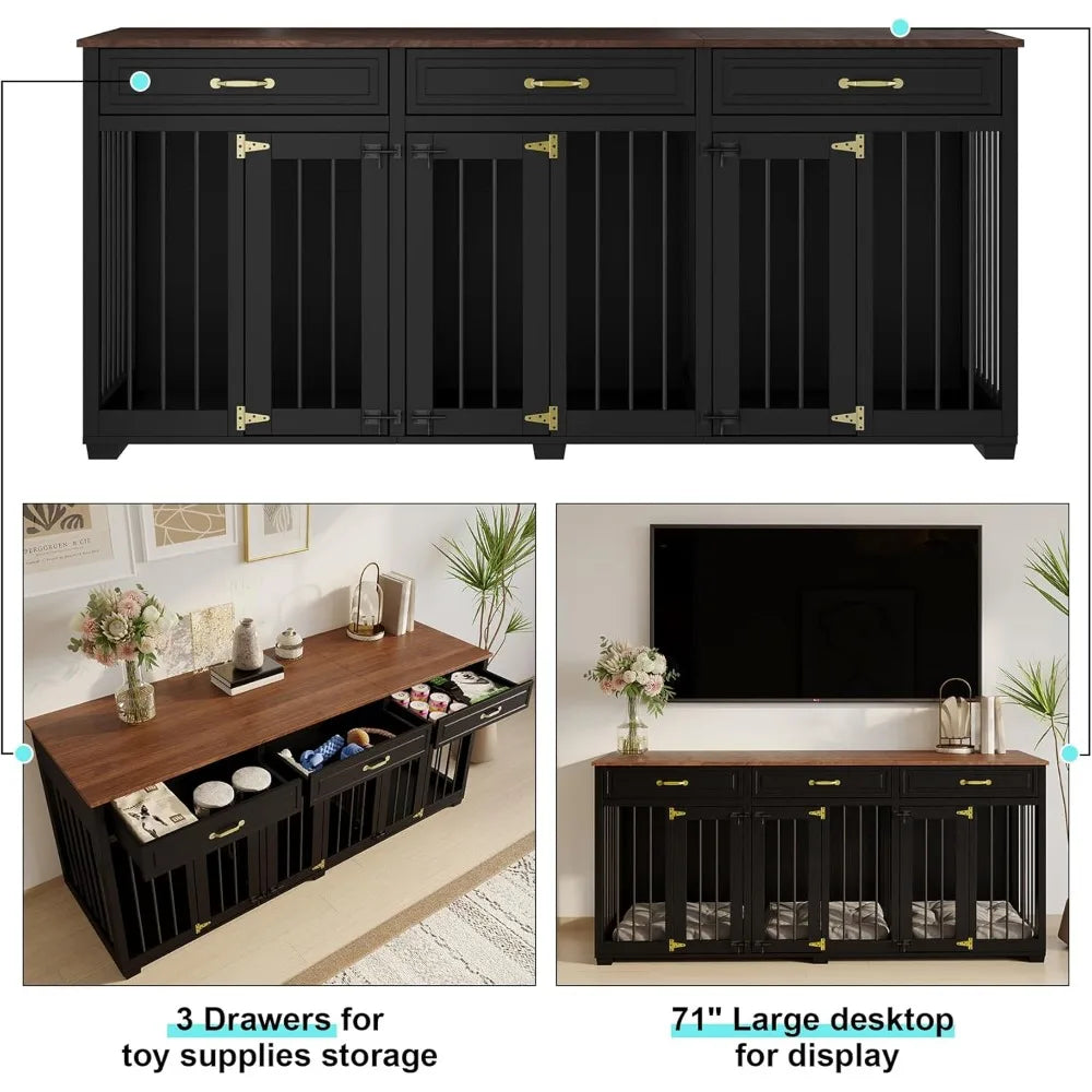 Lockable Indoor Wooden Dog Kennel with 2 Dividers, 3 Drawers | Cozy Complete Homes