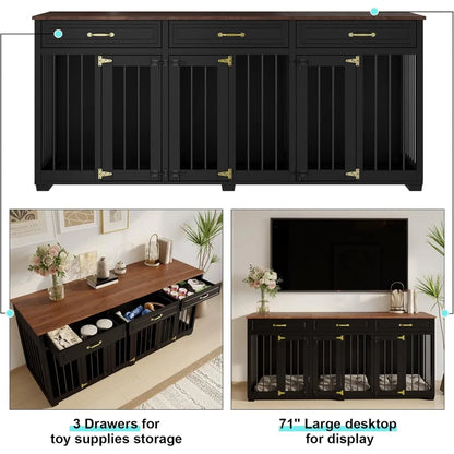 Lockable Indoor Wooden Dog Kennel with 2 Dividers, 3 Drawers | Cozy Complete Homes